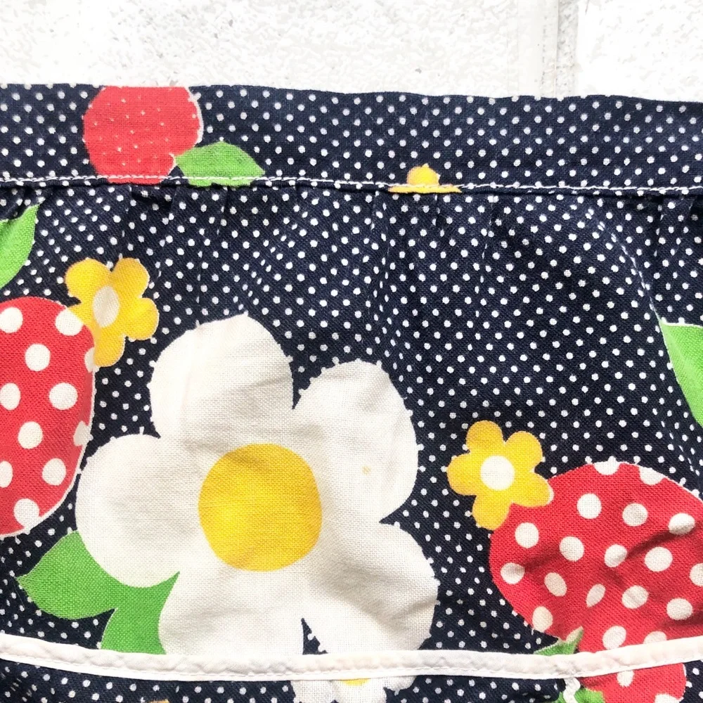 Vintage Cottagecore Strawberry Polka Dot Garden Apron 3 Pocket Retro Navy